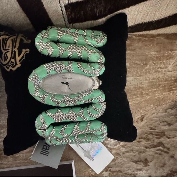 NEW Roberto Cavalli Mint Green Cleopatra Snake Enamel Silver Oval Dial Watch main image 5